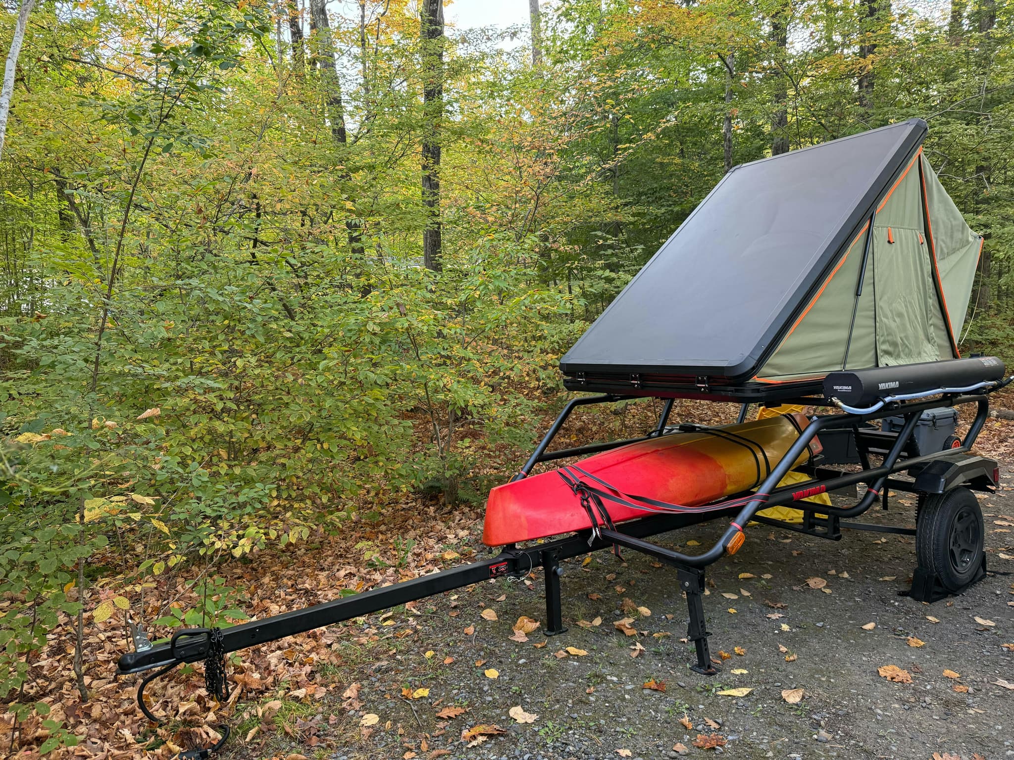 Yakima EasyRider Trailer loaded with RealTruck Go-Tent, Kayak, Yakima RoadShower & TentKit